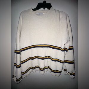 Women's Cream Sweater with Navy and Yellow Stripes